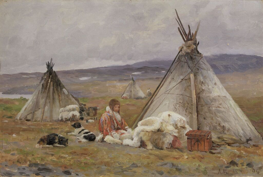 А.А. Борисов (1866-1934) «Чум ненцев в Малых Кармакулах. Новая Земля». 1896 г. Холст на картоне, масло (https://www.tretyakovgallery.ru/) А.А. Борисов (1866-1934) «Чум ненцев в Малых Кармакулах. Новая Земля». 1896 г. Холст на картоне, масло (https://www.tretyakovgallery.ru/)