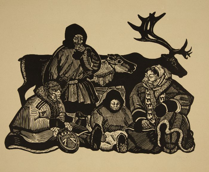 А.В. Бородин (1935-2018) «Семья оленевода». Серия «Малоземельская тундра». 1961 г. Бумага, линогравюра А.В. Бородин (1935-2018) «Семья оленевода». Серия «Малоземельская тундра». 1961 г. Бумага, линогравюра
