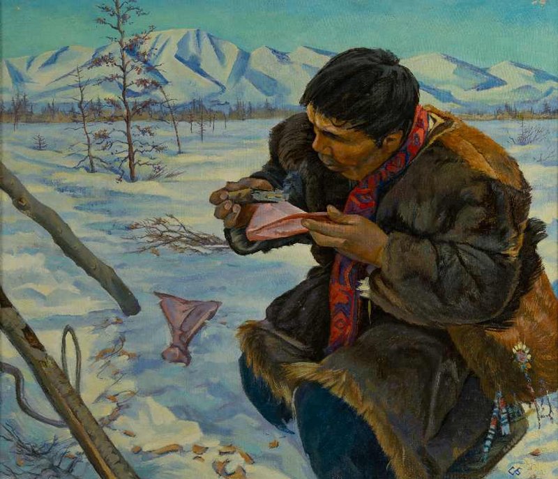 С.В. Бушков (1967 г.р.) «Гадание на оленьей лопатке. Стойбище». 2005 г. Холст, масло С.В. Бушков (1967 г.р.) «Гадание на оленьей лопатке. Стойбище». 2005 г. Холст, масло