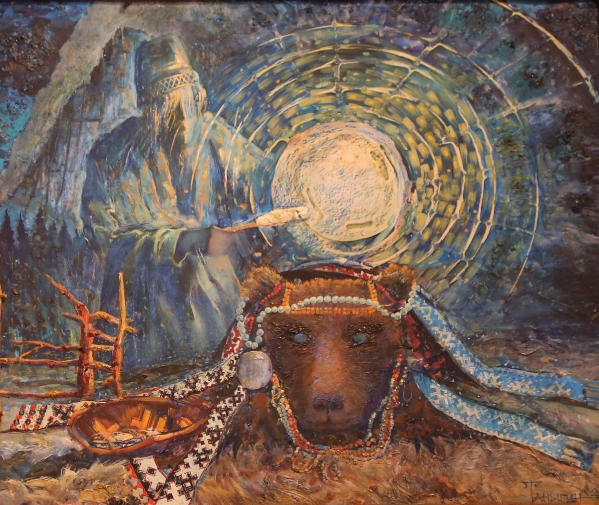 Ю.И. Таныгин (1963 г.р.) «Праздник медведя». 2002 г. ДВП, масло Ю.И. Таныгин (1963 г.р.) «Праздник медведя». 2002 г. ДВП, масло